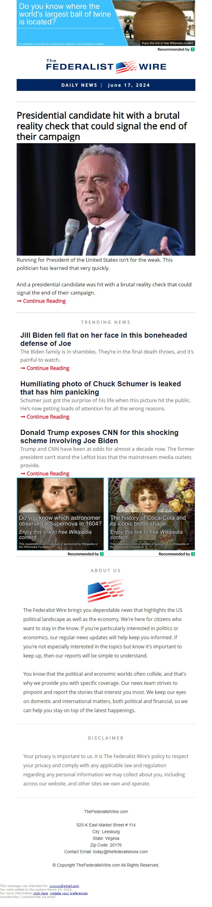 Screenshot of the email generated on import