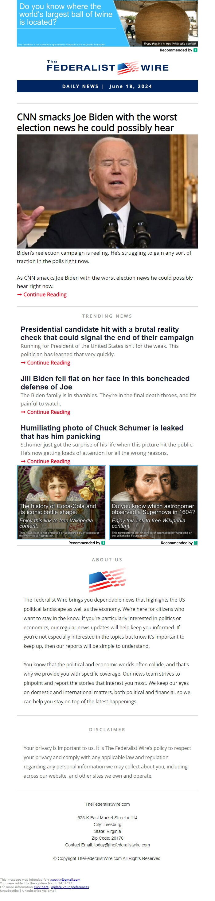 Screenshot of the email generated on import