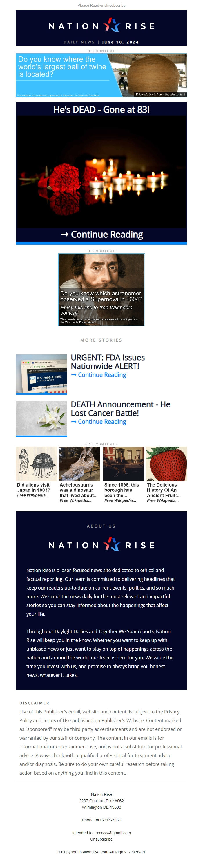 Screenshot of the email generated on import