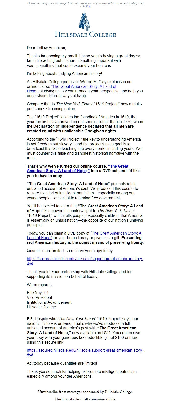 Screenshot of the email generated on import