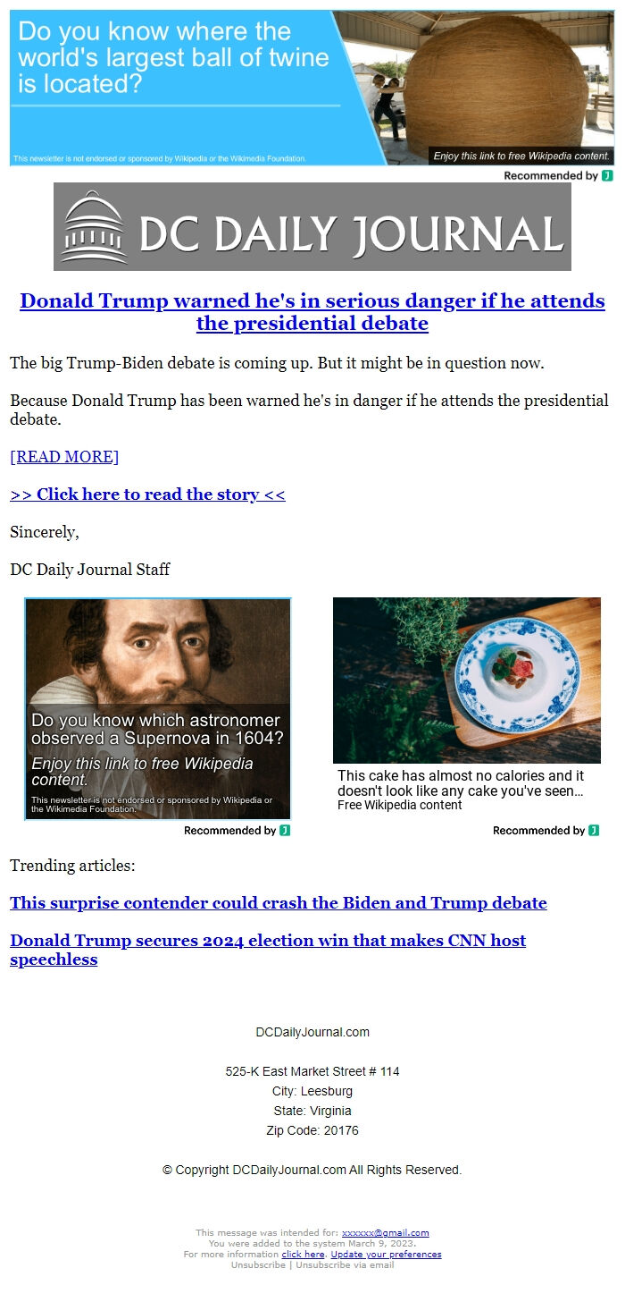 Screenshot of the email generated on import