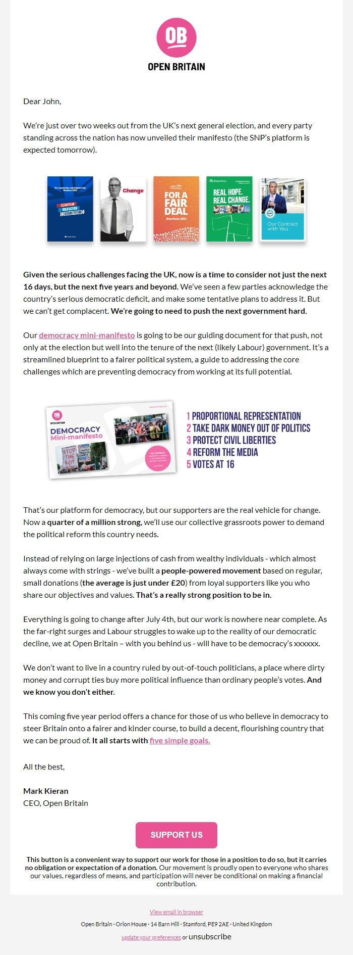 Screenshot of the email generated on import