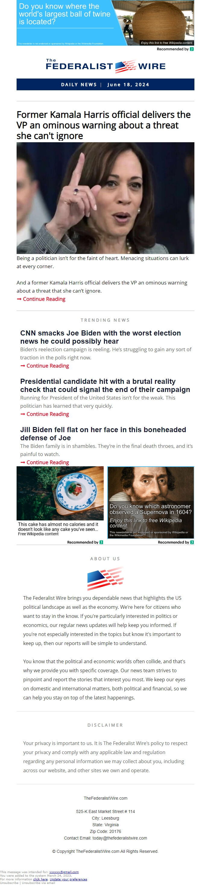 Screenshot of the email generated on import