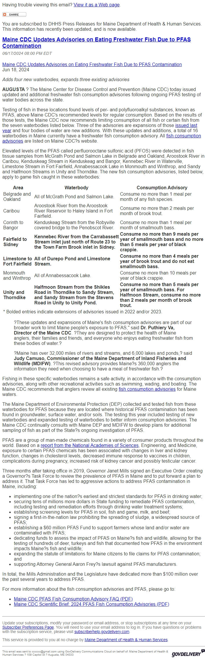 Screenshot of the email generated on import