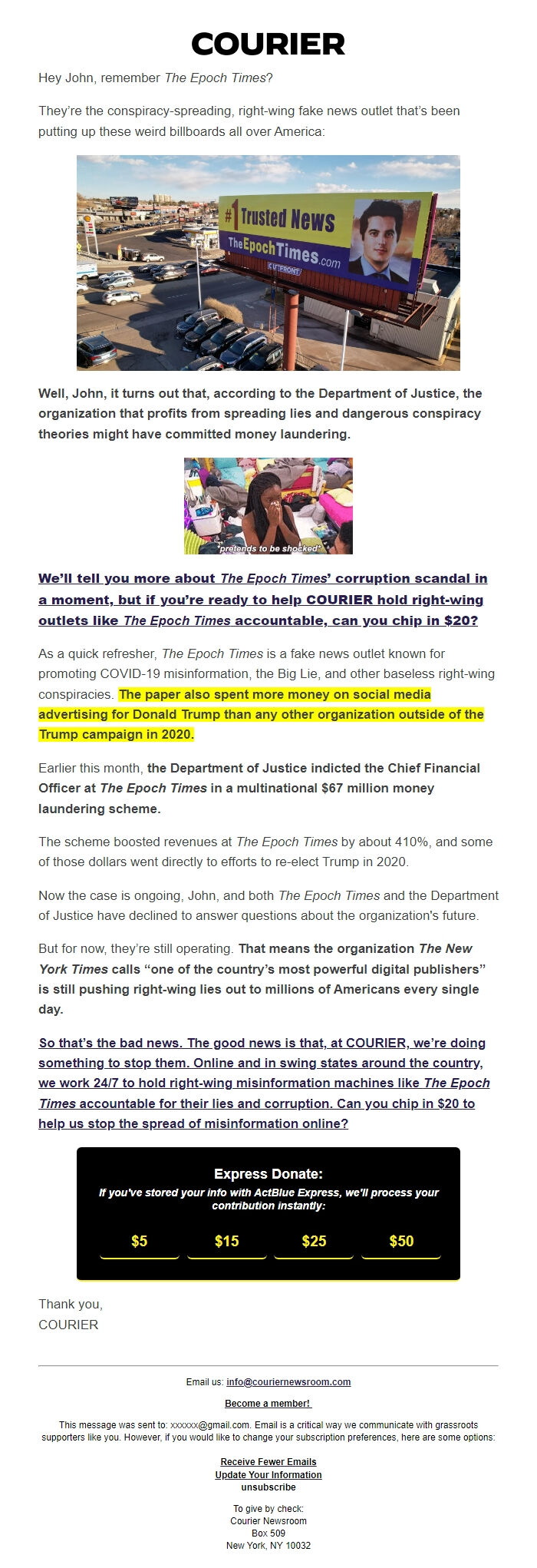 Screenshot of the email generated on import