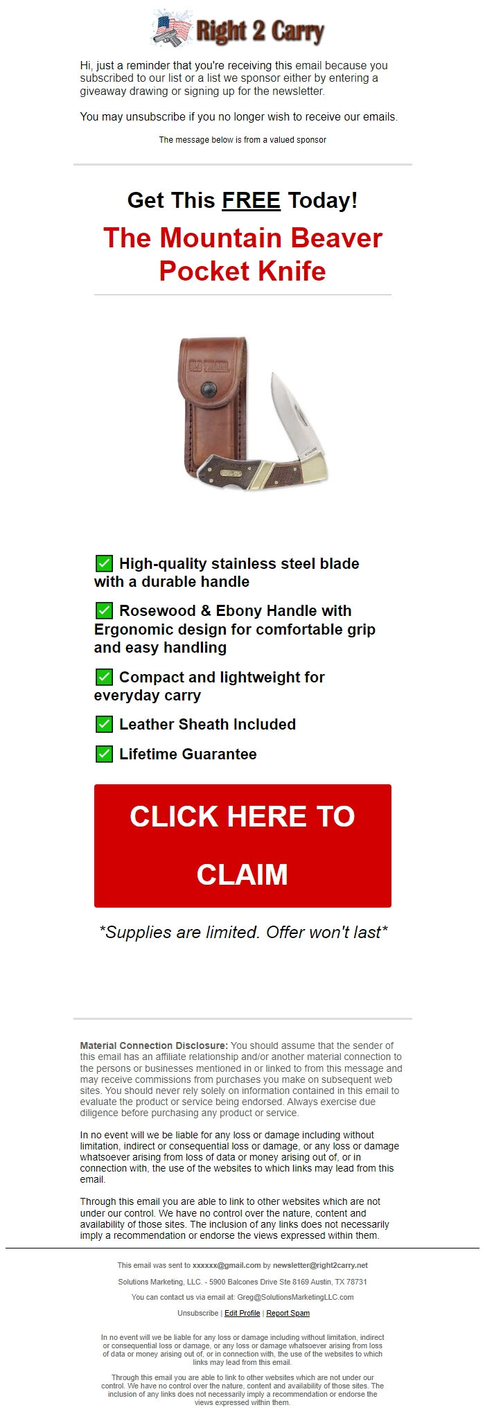 Screenshot of the email generated on import