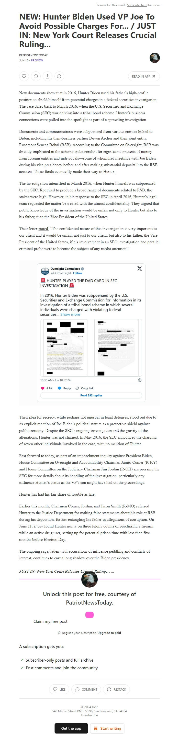 Screenshot of the email generated on import