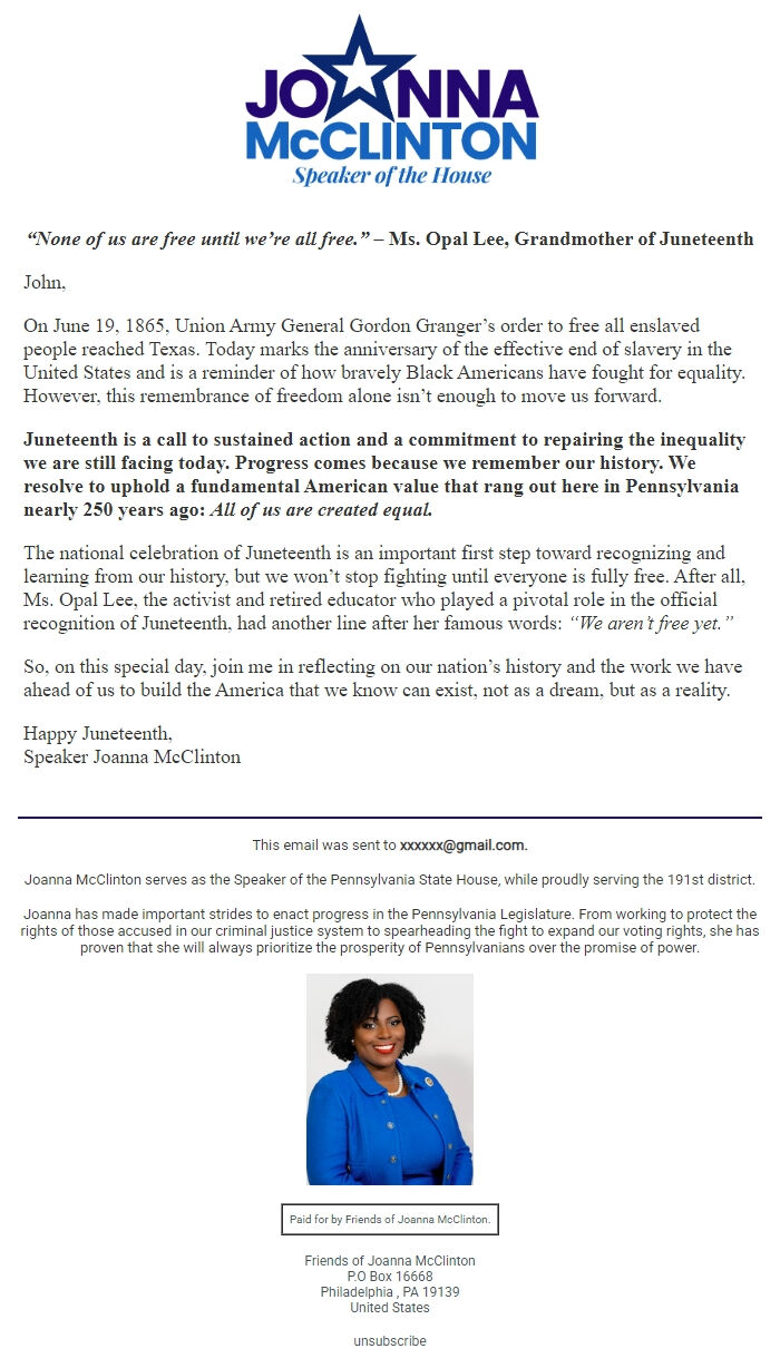 Screenshot of the email generated on import