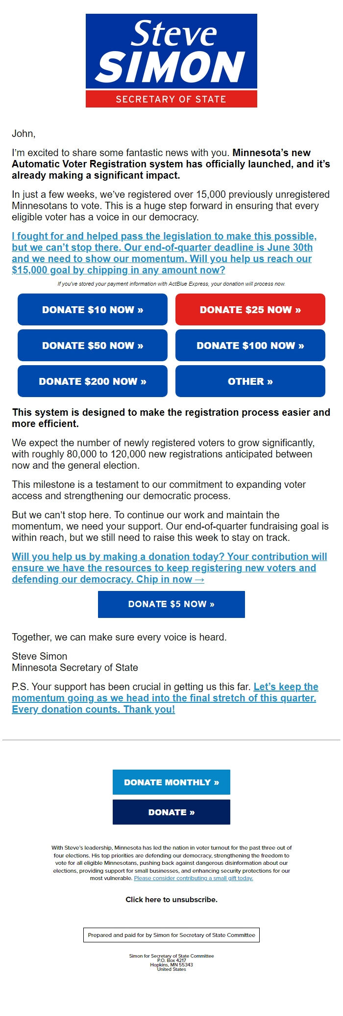 Screenshot of the email generated on import