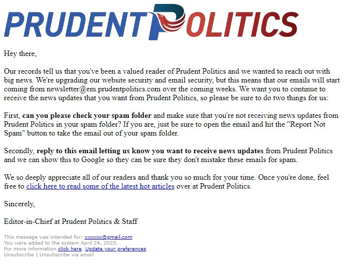 Screenshot of the email generated on import