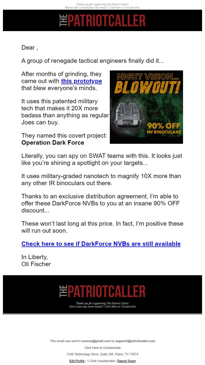 Screenshot of the email generated on import