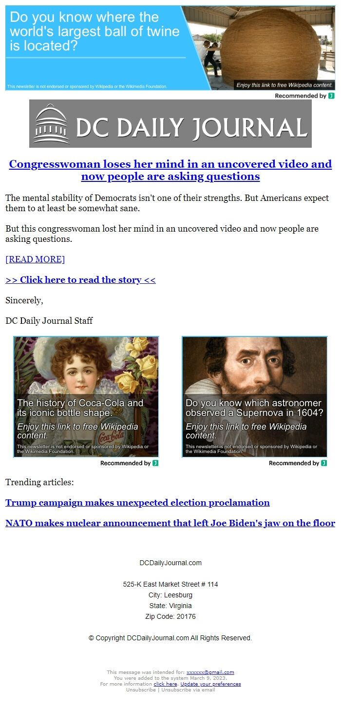 Screenshot of the email generated on import