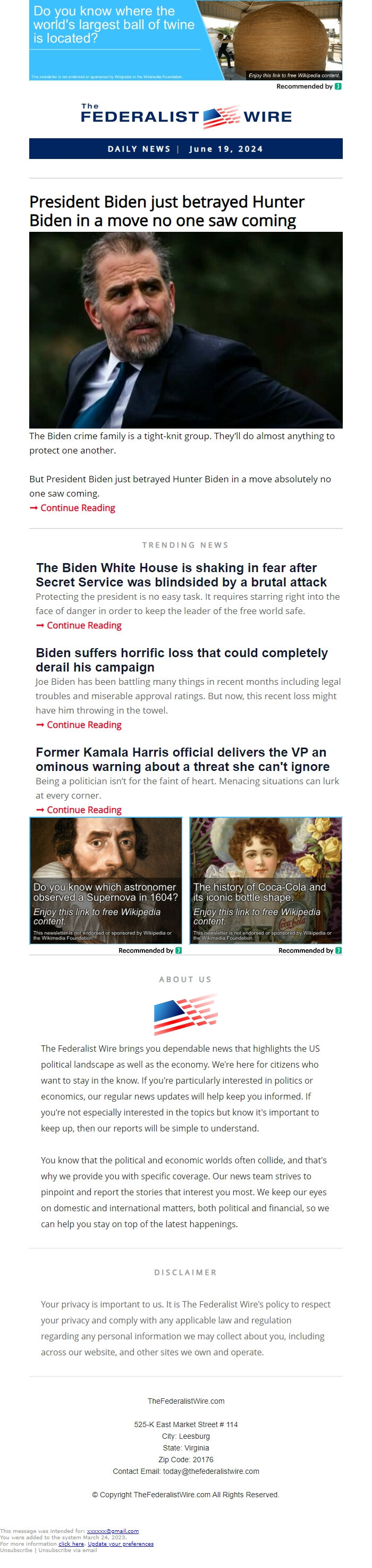 Screenshot of the email generated on import