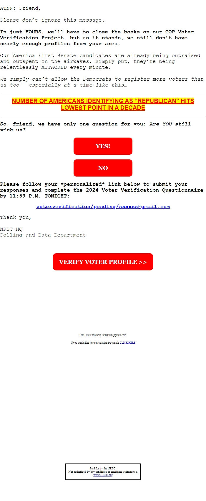 Screenshot of the email generated on import