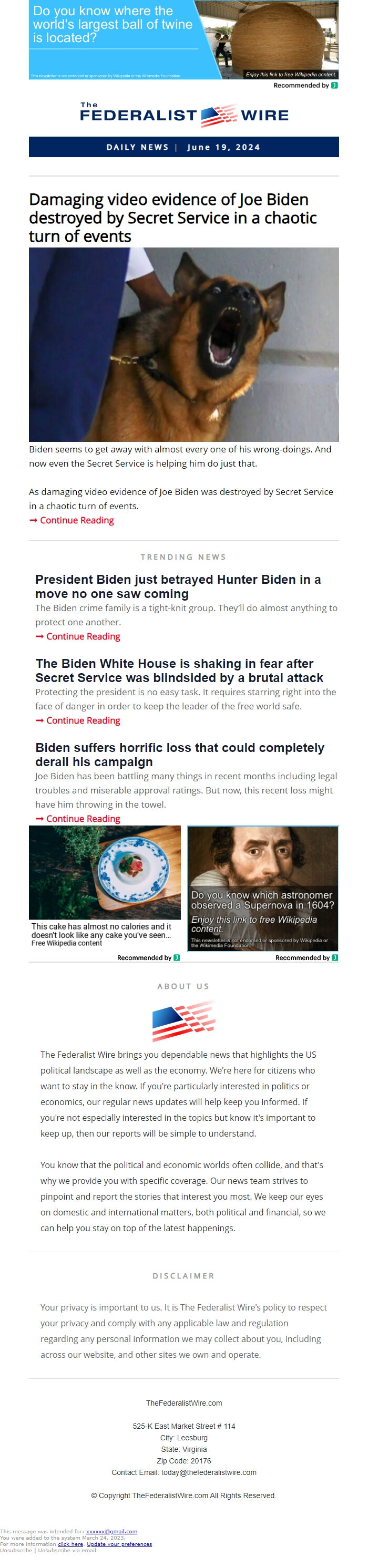 Screenshot of the email generated on import