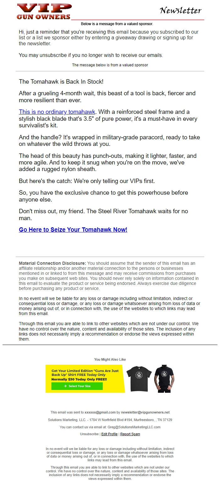 Screenshot of the email generated on import