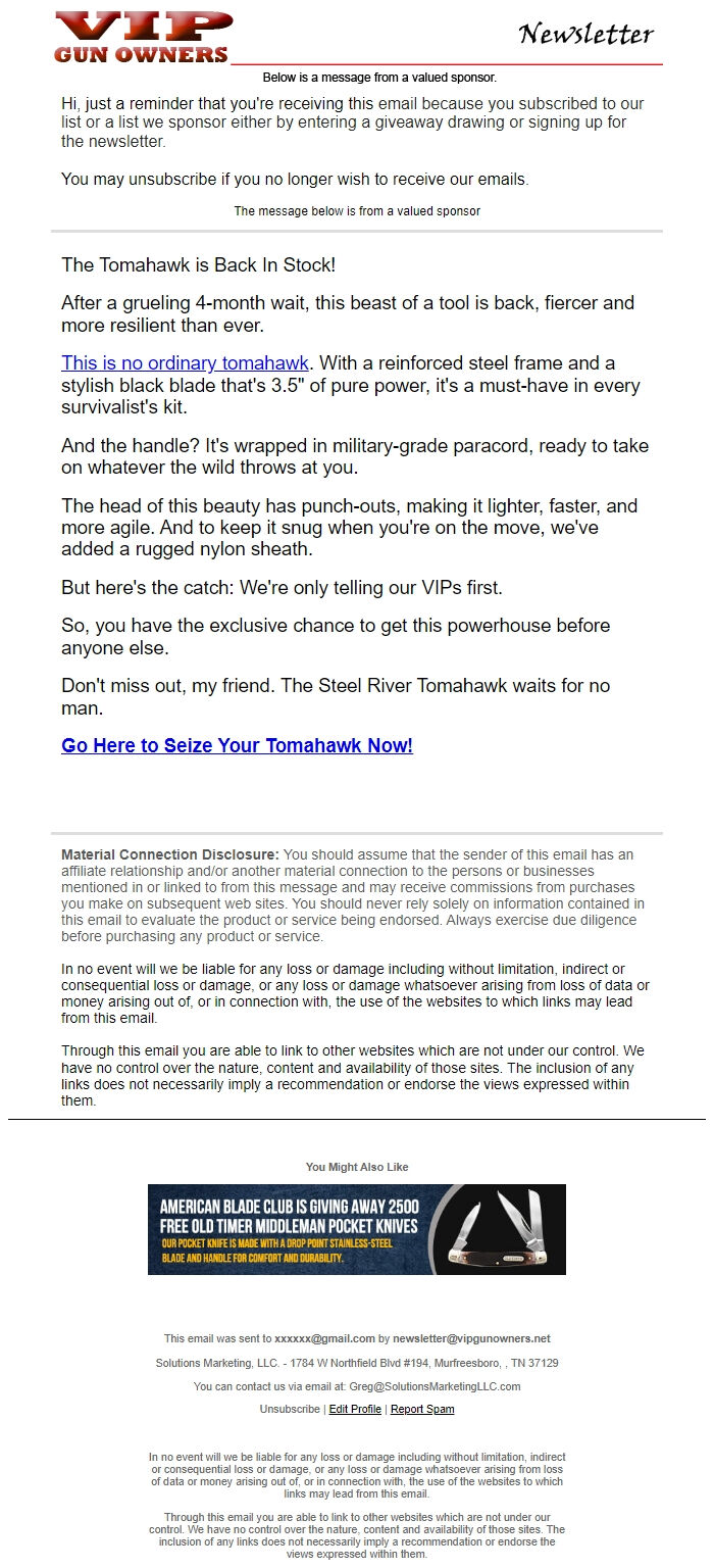 Screenshot of the email generated on import