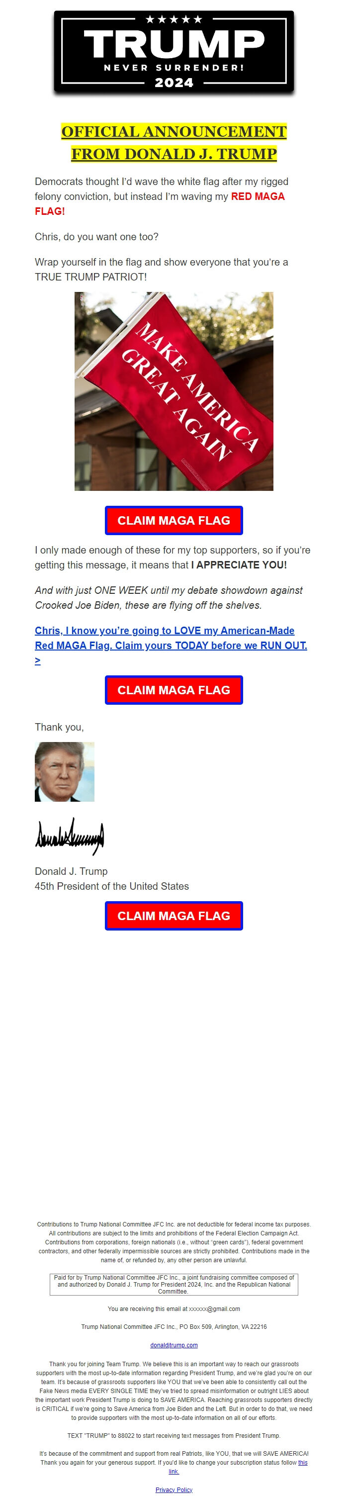 Screenshot of the email generated on import