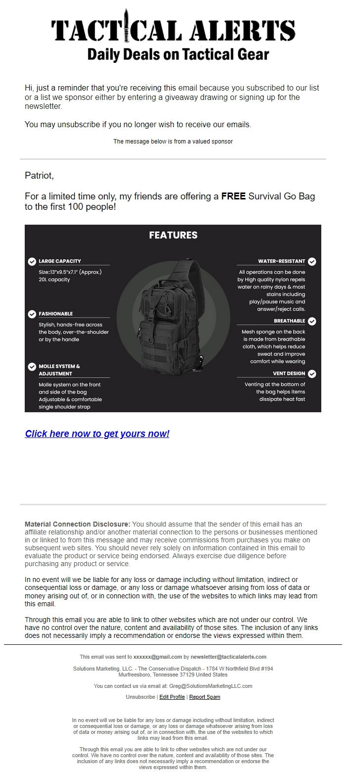 Screenshot of the email generated on import