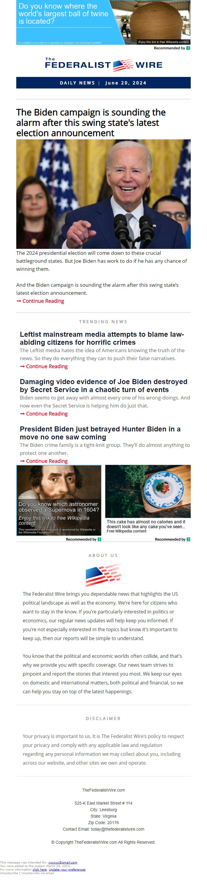 Screenshot of the email generated on import