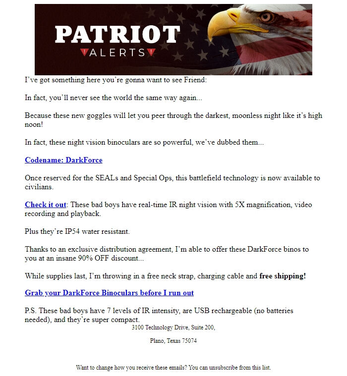 Screenshot of the email generated on import