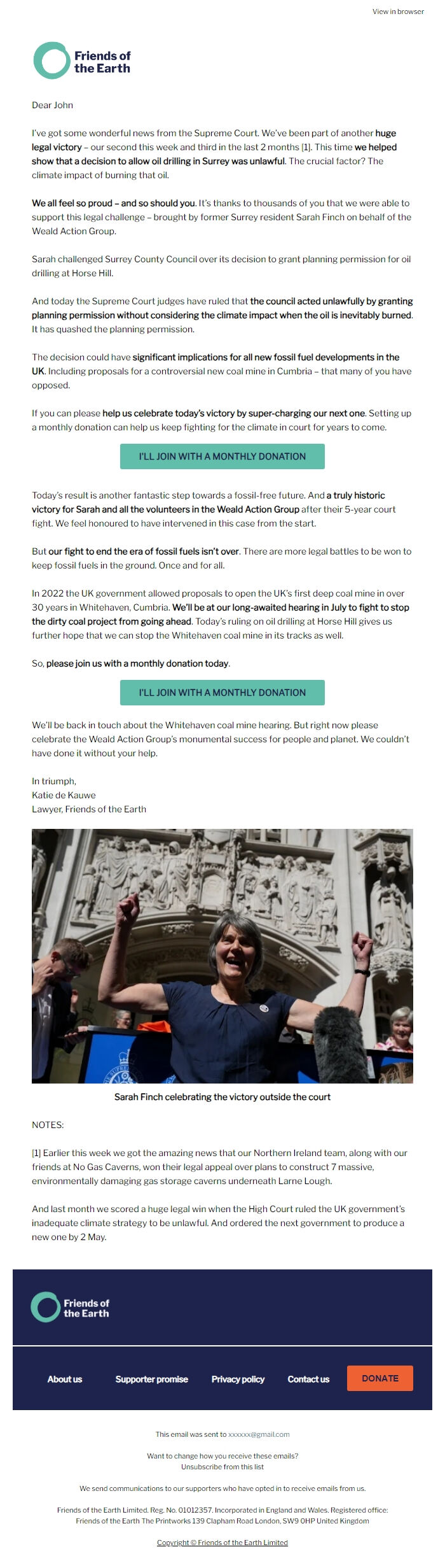 Screenshot of the email generated on import