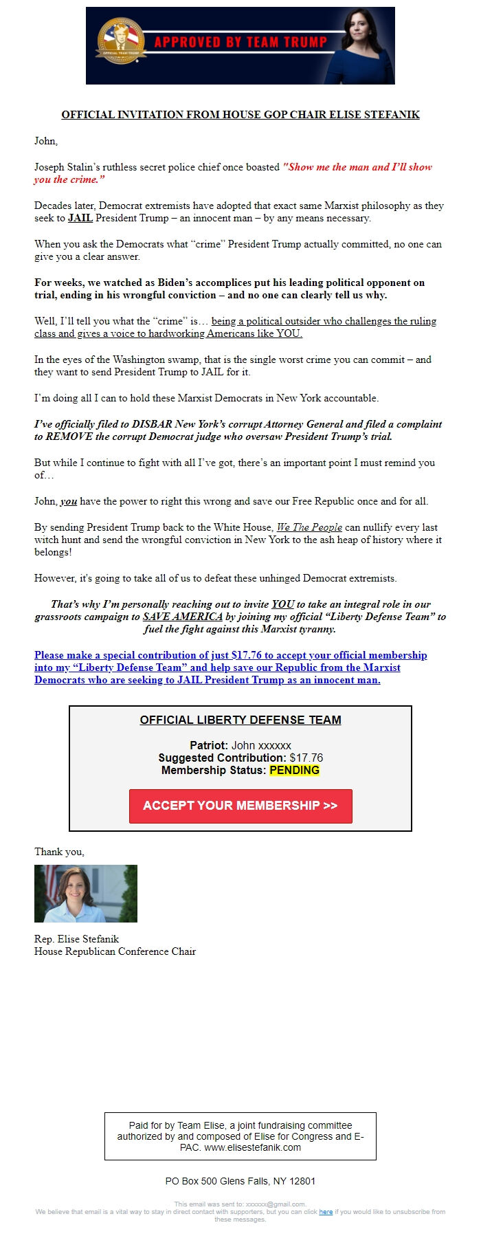 Screenshot of the email generated on import