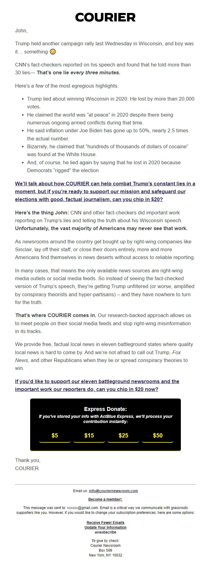 Screenshot of the email generated on import