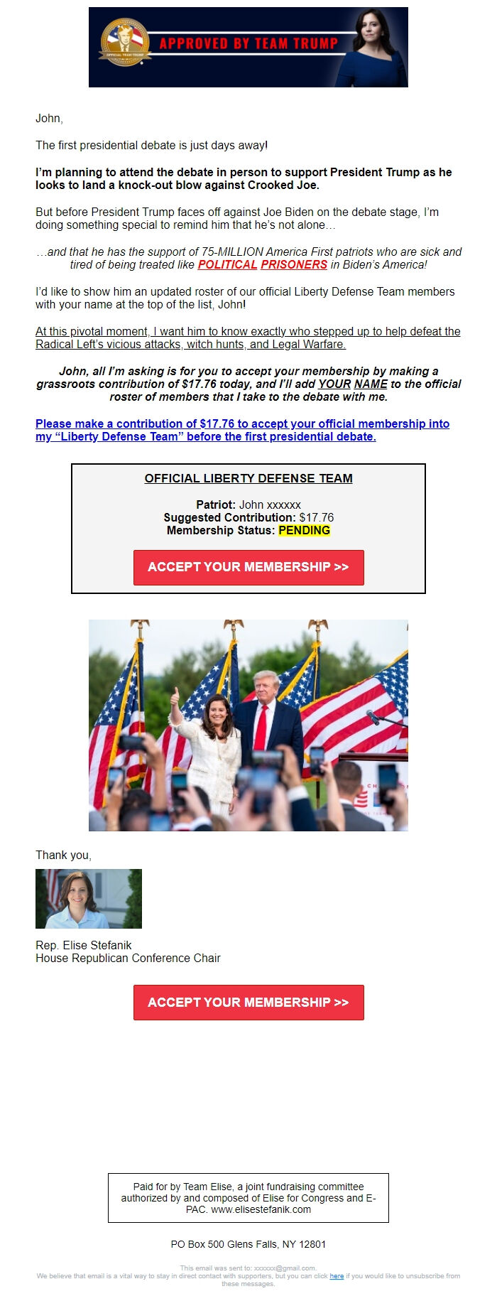 Screenshot of the email generated on import