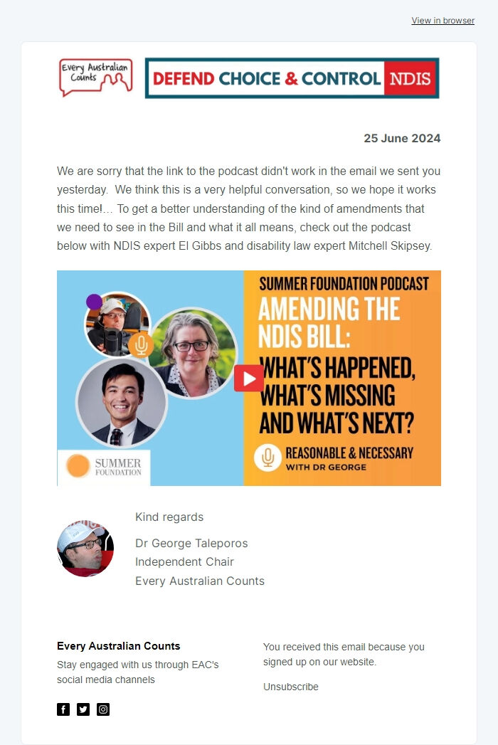 Screenshot of the email generated on import