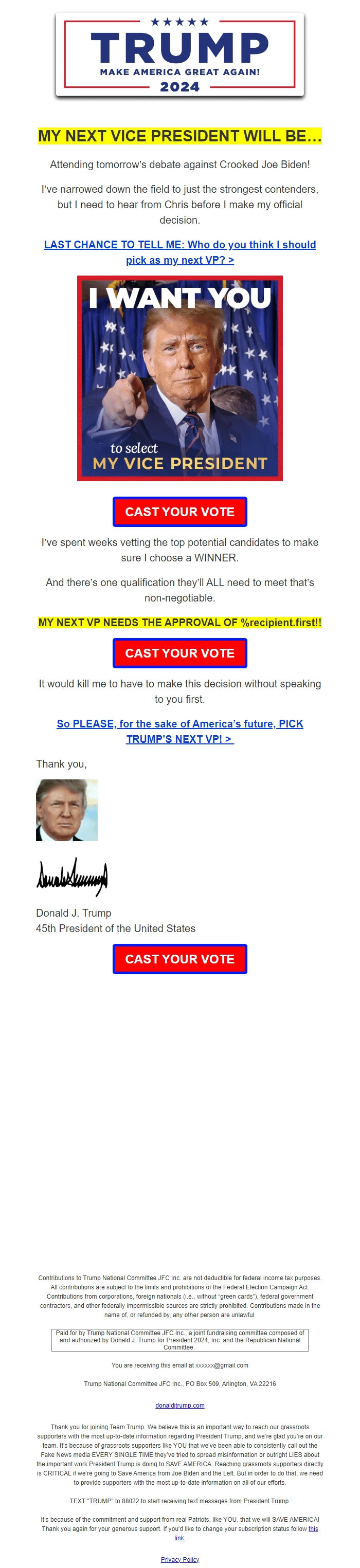 Screenshot of the email generated on import