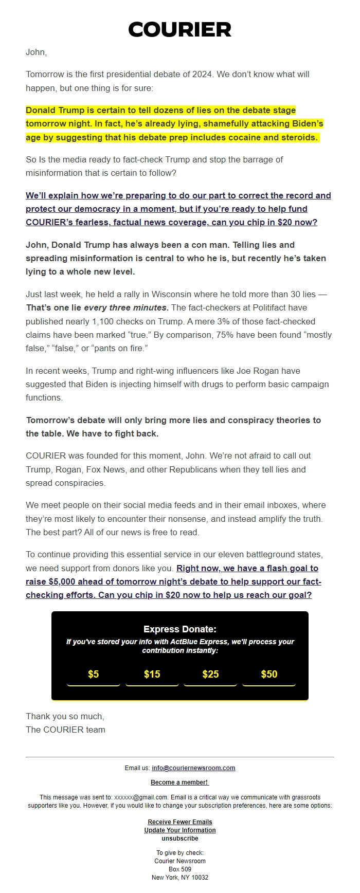 Screenshot of the email generated on import