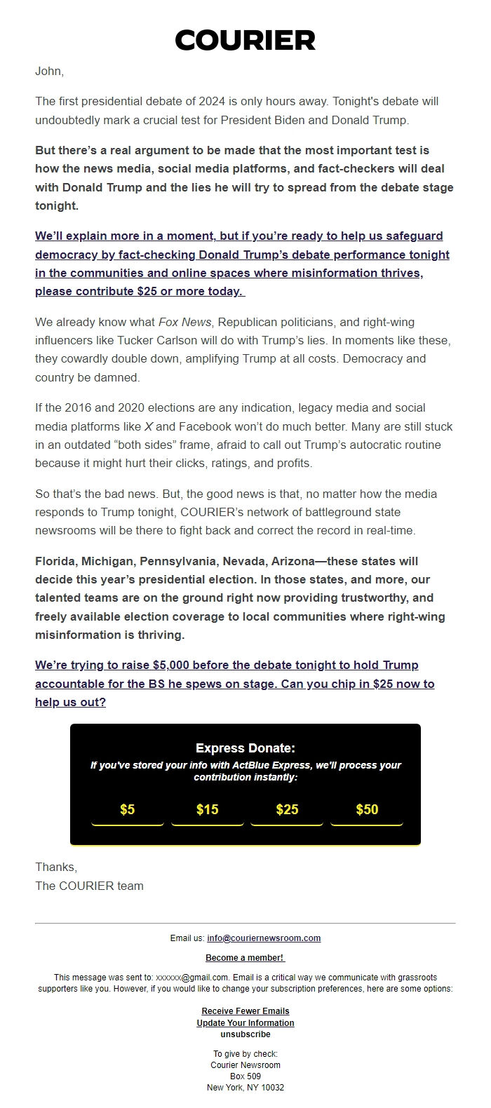 Screenshot of the email generated on import