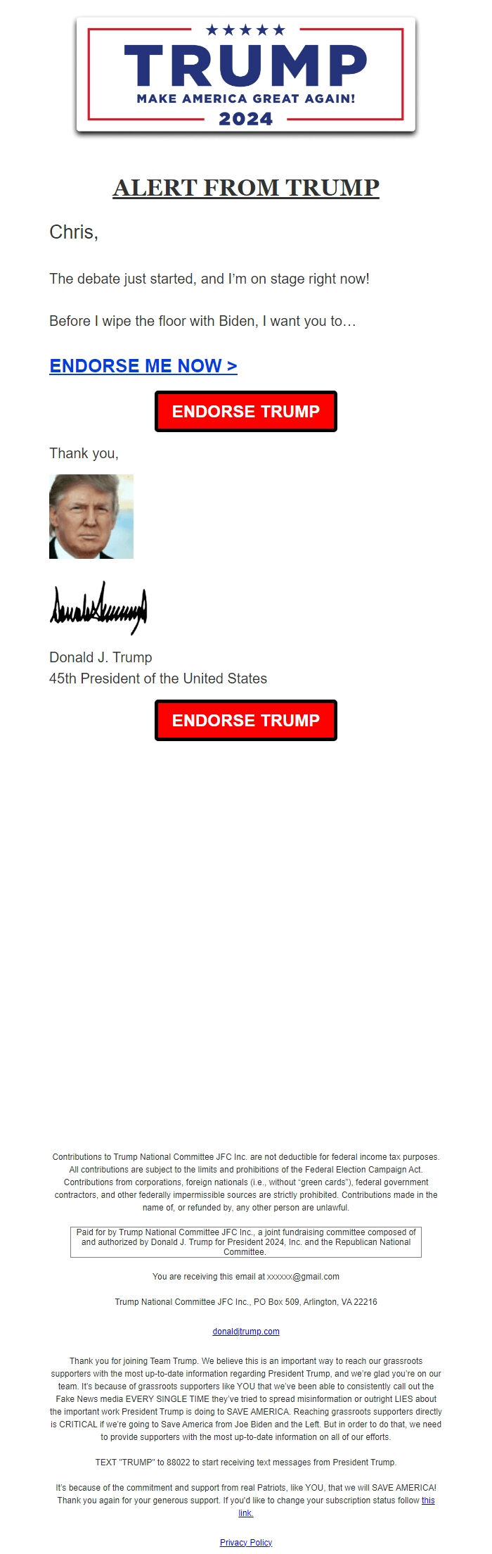 Screenshot of the email generated on import