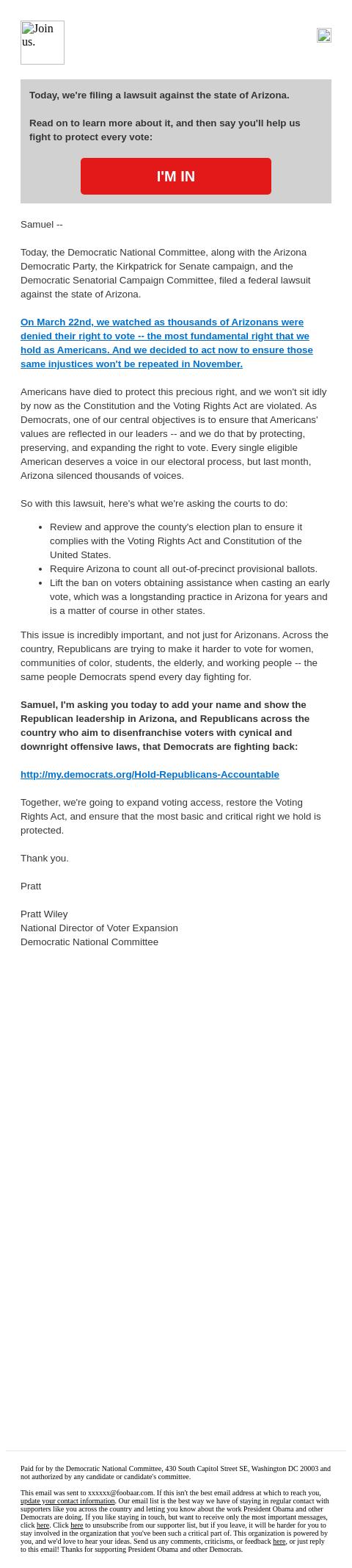 Screenshot of the email generated on import