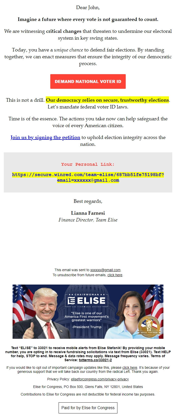 Screenshot of the email generated on import