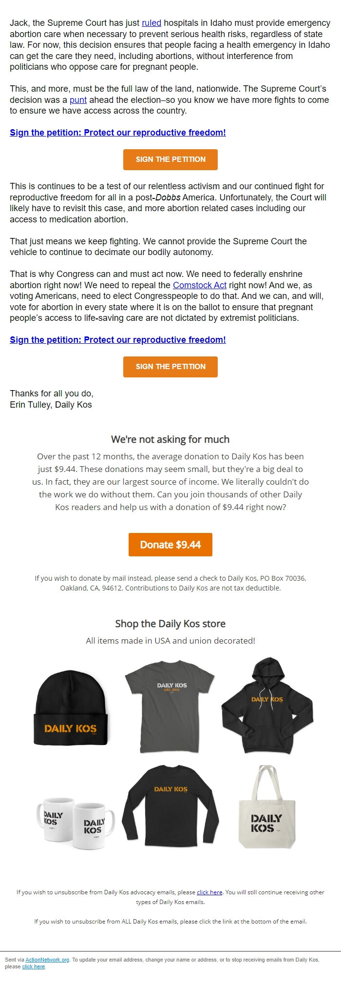 Screenshot of the email generated on import
