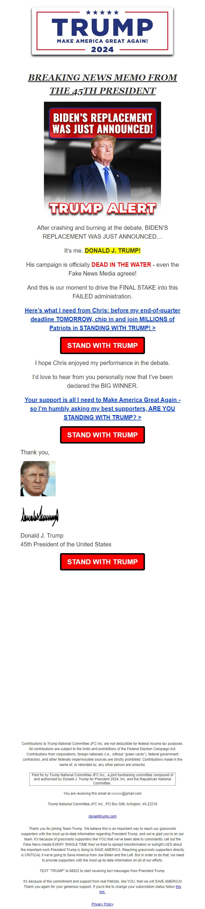 Screenshot of the email generated on import