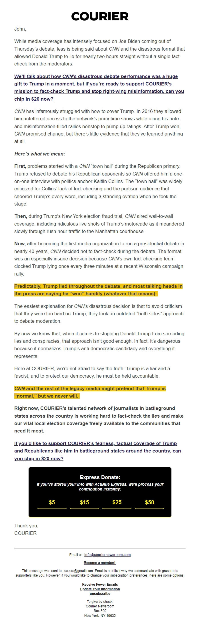 Screenshot of the email generated on import