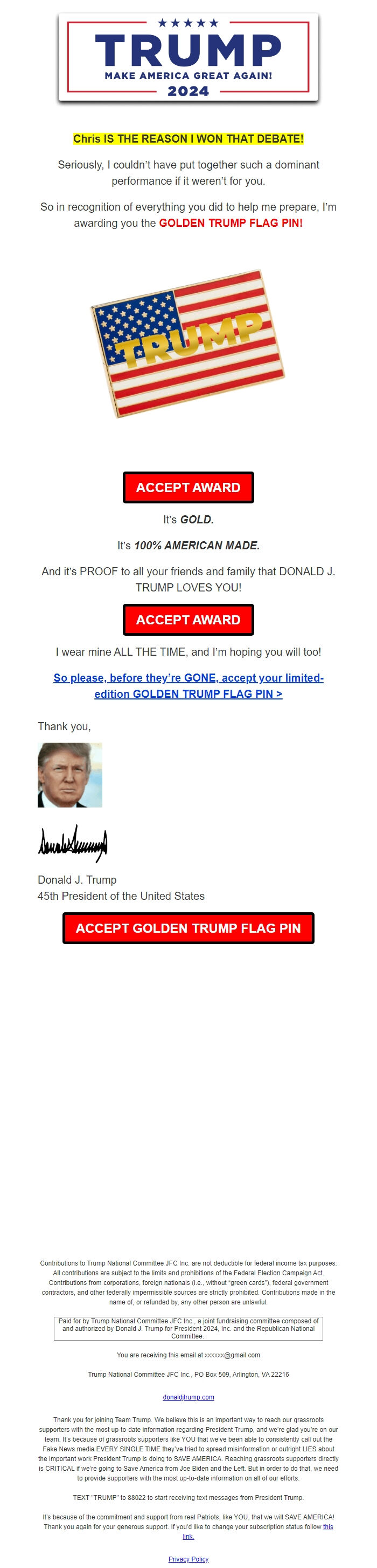 Screenshot of the email generated on import