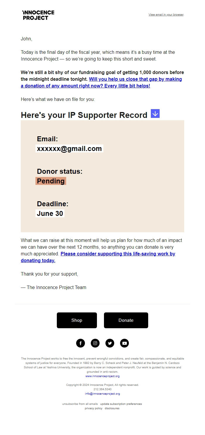 Screenshot of the email generated on import