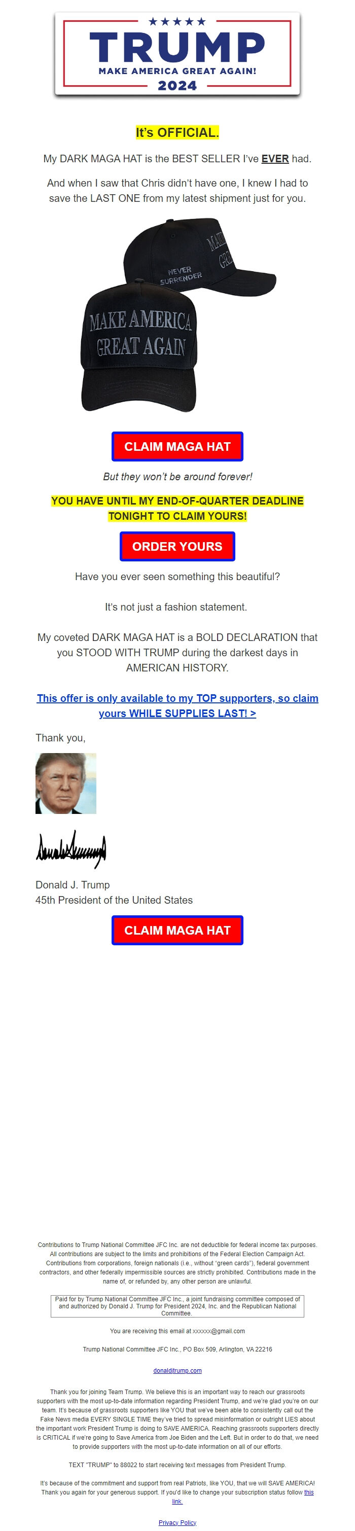 Screenshot of the email generated on import