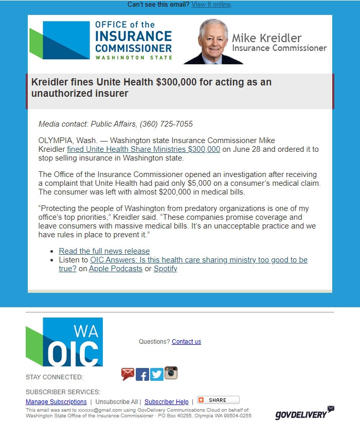 Screenshot of the email generated on import