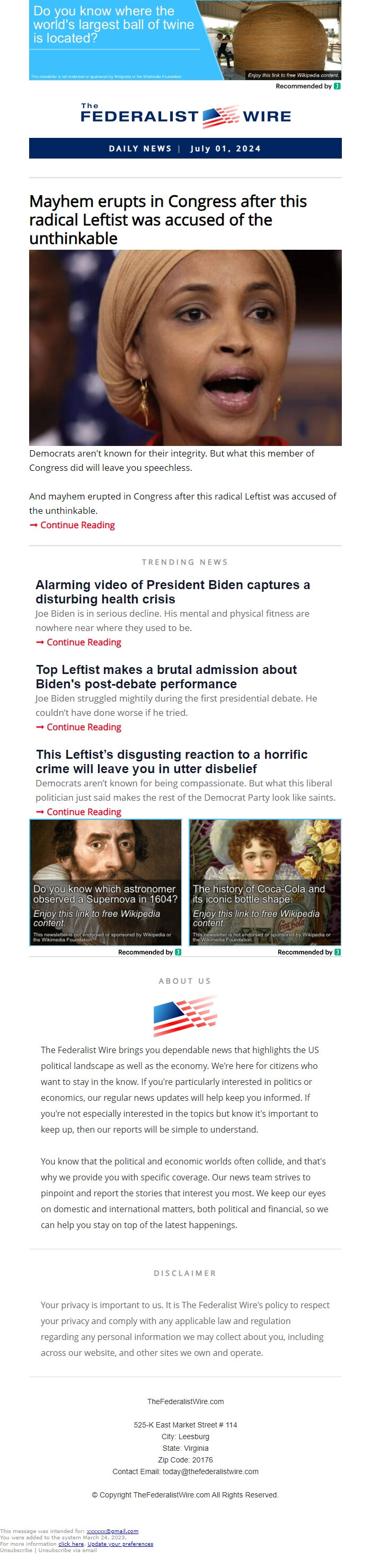 Screenshot of the email generated on import