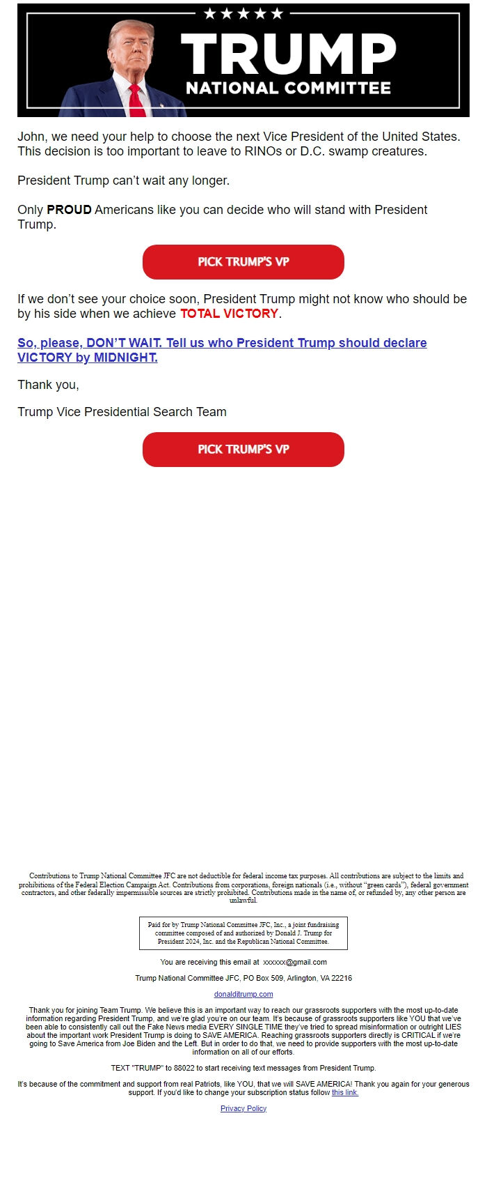 Screenshot of the email generated on import