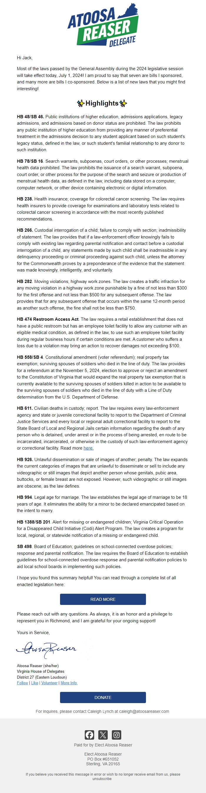 Screenshot of the email generated on import