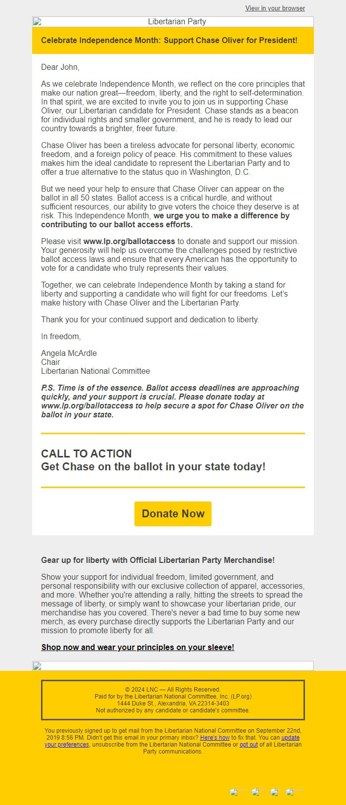 Screenshot of the email generated on import