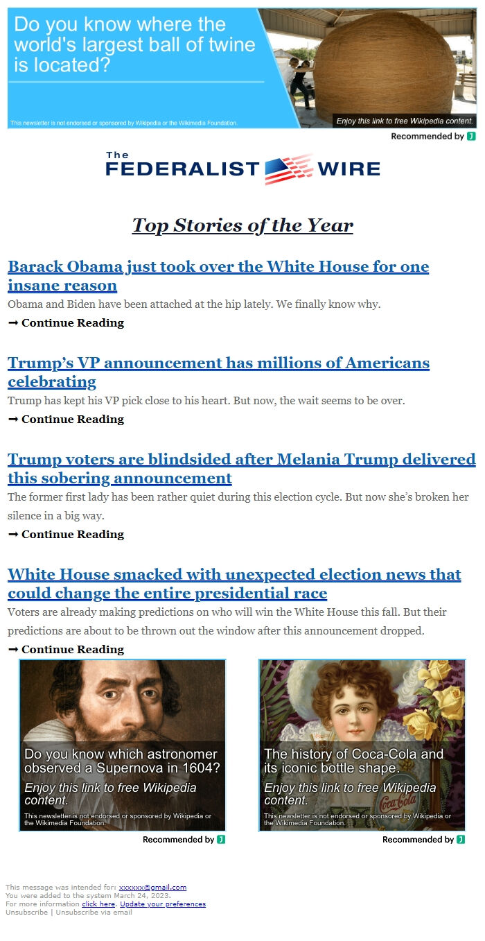 Screenshot of the email generated on import