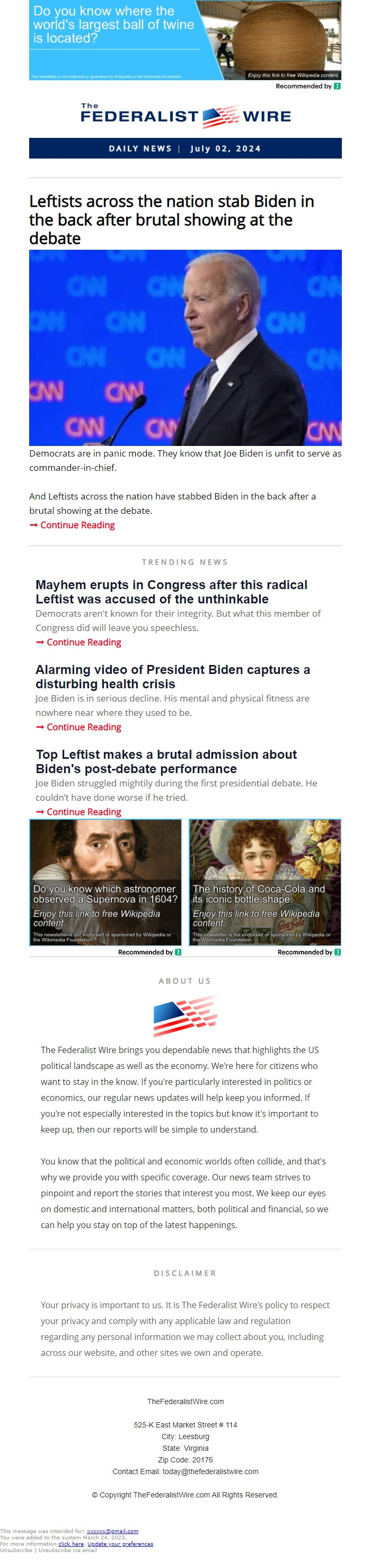 Screenshot of the email generated on import