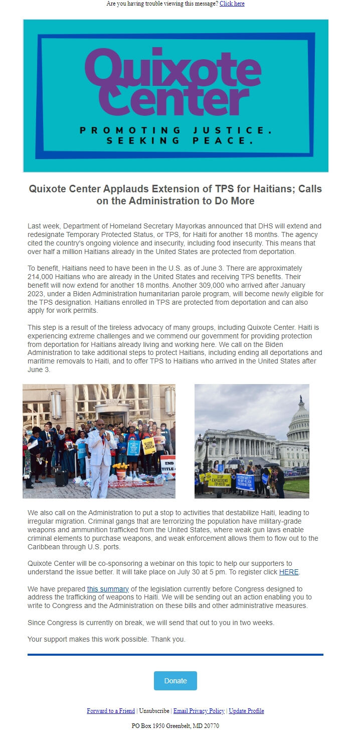 Screenshot of the email generated on import